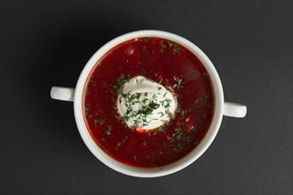 Traditional ukrainian soup borscht from beetroot. Top voew