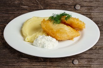 Fish fillet in batter with mashed potato
