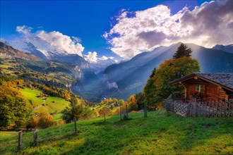 View from Wengen in autumn of the Lauterbrunnen Valley and the Bernese Alps at sunset