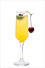 Mimosa cocktail decorated with cherry isolated on white background