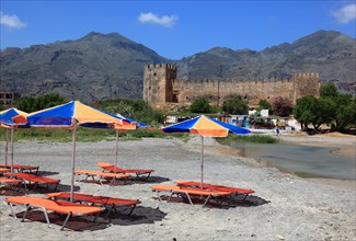 View of the Frangokastello fortress on the south coast of the Mediterranean island from the beach
