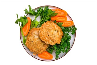 Fried beef cutlet in breading with fresh carrot isolated on white