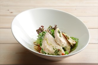 Spring salad with boiled chicken