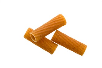 Tot view of tortiglioni grooved helical tube pasta isolated on white background