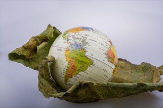 Little model globe placed on dry Autumn leaf