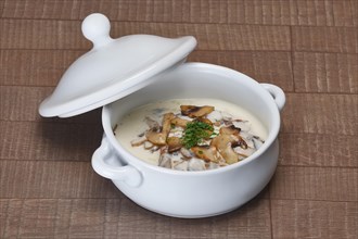 Portion of forest mushroom soup puree in ceramic pot on wooden table