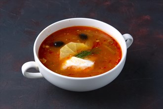 Portion of traditional ucrainian solyanka soup