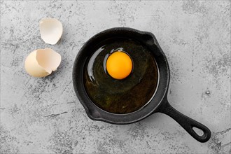 Raw uncooked egg in small cast iron skillet