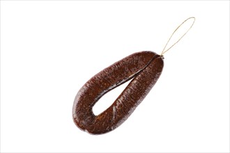 Top view of smoked dried deer sausage isolated on white background