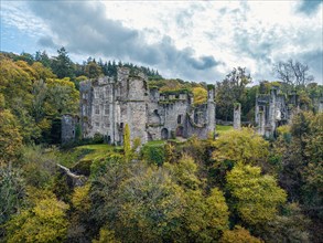 Autumn over Berry Pomeroy Castle from a drone