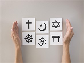Flat lay assortment religious symbols