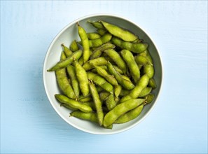 Flat lay edamame beans in bowl