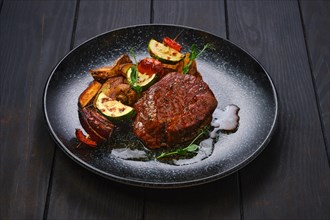 Juicy beef steak with potato wedges and grilled vegetables on skewer
