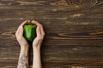 Overhead view of fresh green bell pepper in hands over wooden background