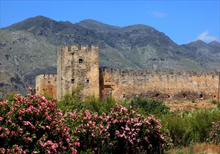 View of the fortress of Frangokastello on the southern coast of the Mediterranean island and the Kryoneritis mountains in the background