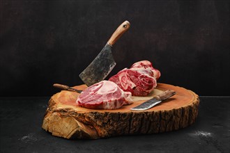 Chopping ossobuco steak from beef shank with cleaver on wooden stump