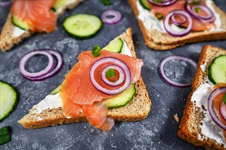 Salmon bread slices of healthy wholegrain toast topped with smoked salmon fish