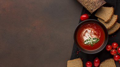 Top view bowl with winter tomato soup bowl toast. Resolution and high quality beautiful photo