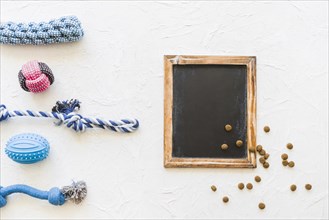 Dog toys near chalkboard and pet food