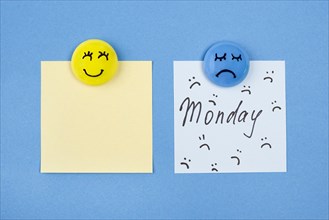 Top view faces with emotions sticky notes blue monday. Resolution and high quality beautiful photo
