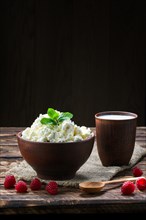 Cottage cheese and milk in clayware on wooden table