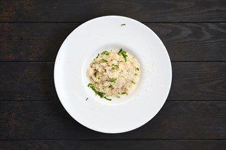 Rice with chicken pieces and grated cheese on dark wooden table