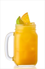 Cold orange and lime lemonade in mason jar isolated on white background
