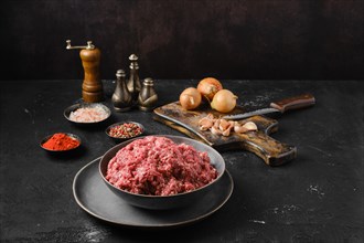 Raw beef forcemeat in a bowl on dark background