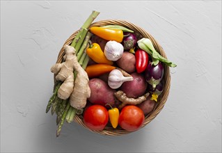 Top view basket with assortment vegetables. Resolution and high quality beautiful photo