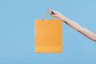 Hand holding shopping bag plain background