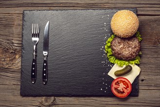 Top view burger ingredients slate board. Resolution and high quality beautiful photo