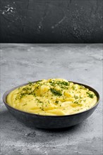 Ceramic plate with mashed potato on abstract concrete background