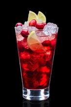 Cranberry vodka cocktail with ice cubes decorated with berries and lemon in highball glass isolated on black