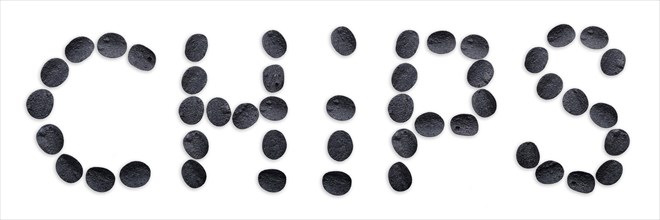 Inscription potato chips made of black chips isolated on white