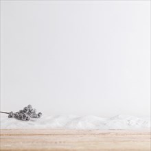 Wood board near plant twig on heap of snow. Resolution and high quality beautiful photo
