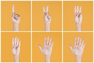 Collage one five fingers count signs yellow backdrop