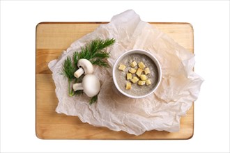 Top view of plate with champignon cream soup with croutons isolated on white