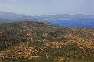 View of the coastal landscape and the Cretan Sea from Moni Faneromenis Monastery