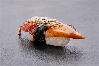 Macro photo of traditional unagi sushi with eel