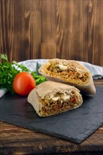 Spicy ciabatta stuffed with fried beef mince