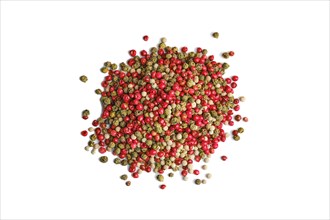 Heap of different types of dry pepper on white background