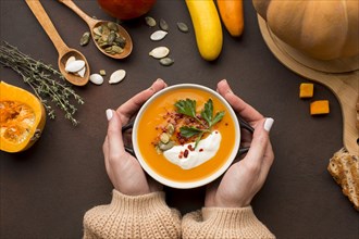 Flat lay winter squash soup bowl held by hands