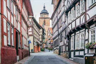 Obere Fulder Gasse with tower of the Walpurgiskirche and half-timbered houses