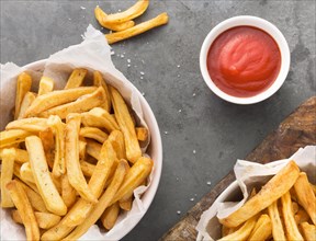 Top view french fries bowl with ketchup sauce. Resolution and high quality beautiful photo