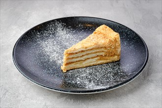 Triangular piece of classic Napoleon cake on a plate