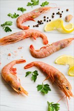 Composition with fresh raw prawn with spice and herbs