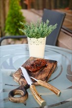 Grilled juicy and spicy duck breast steak on the terrace table