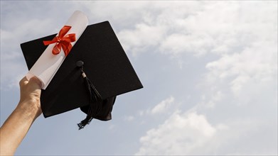 Certificate with ribbon bow graduation hat