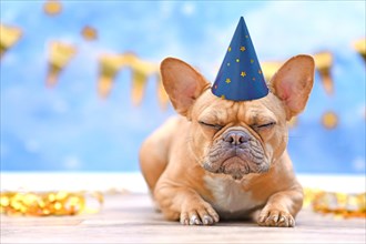 Sleepy French Bulldog with birthday part hat in front of blurry blue background with garlands and party streamers