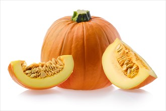 Mini whole pumpkin cut on slices isolated on white background